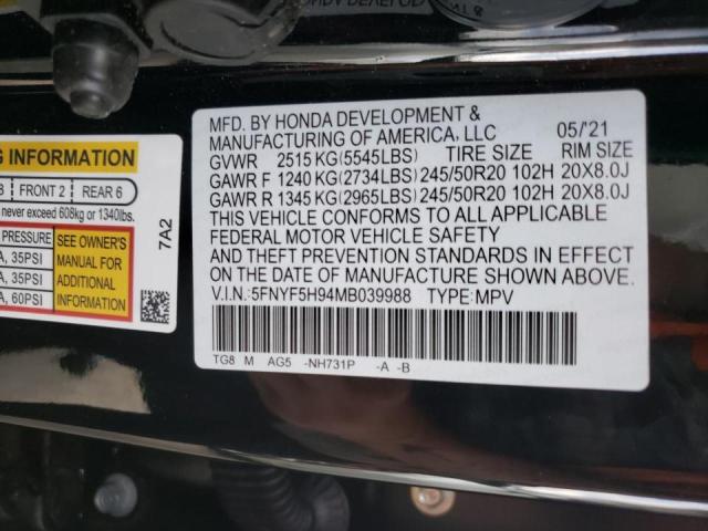 Photo 10 from auction – 2021 HONDA PILOT TOUR with VIN 5FNYF5H94MB039988
