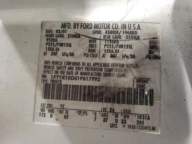 Photo 10 from auction – 2001 FORD RANGER with VIN 1FTYR10D01PB17992