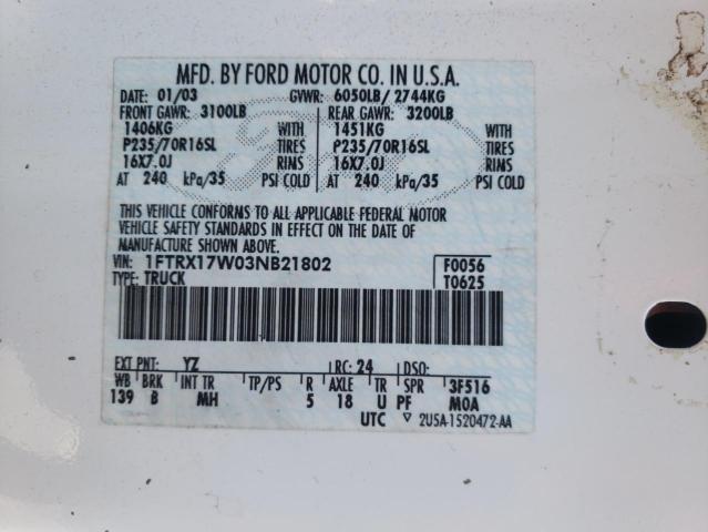 Photo 10 from auction – 2003 FORD F150 with VIN 1FTRX17W03NB21802