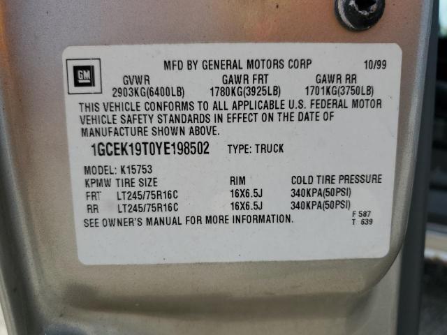 Photo 10 from auction – 2000 CHEVROLET SILVERADO with VIN 1GCEK19T0YE198502
