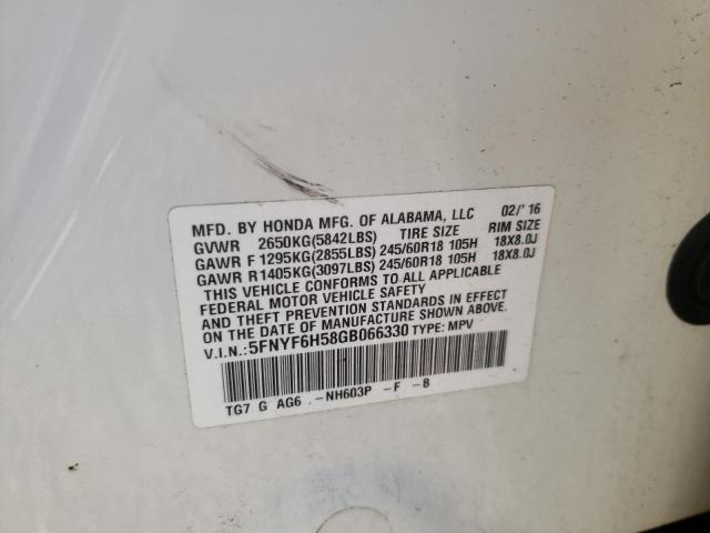 Photo 10 from auction – 2016 HONDA PILOT EXL with VIN 5FNYF6H58GB066330