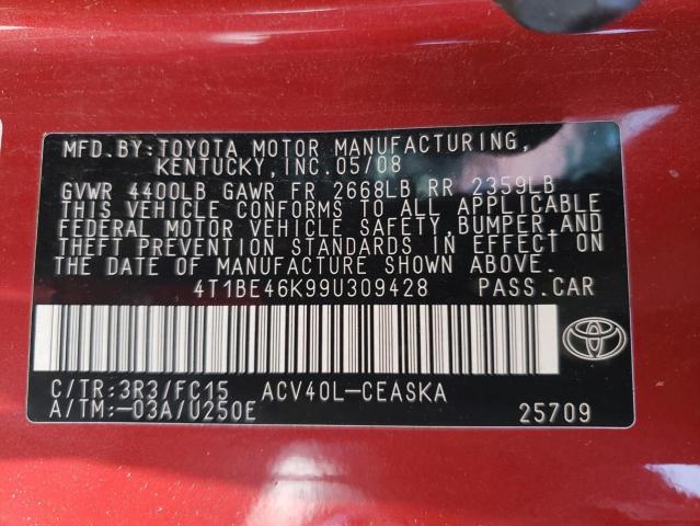 Photo 10 from auction – 2009 TOYOTA CAMRY BASE with VIN 4T1BE46K99U309428