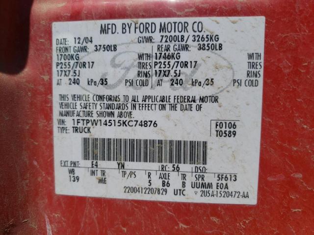 Photo 10 from auction – 2005 FORD F150 SUPER with VIN 1FTPW14515KC74876