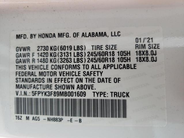 Photo 10 from auction – 2021 HONDA RIDGELINE with VIN 5FPYK3F89MB001609