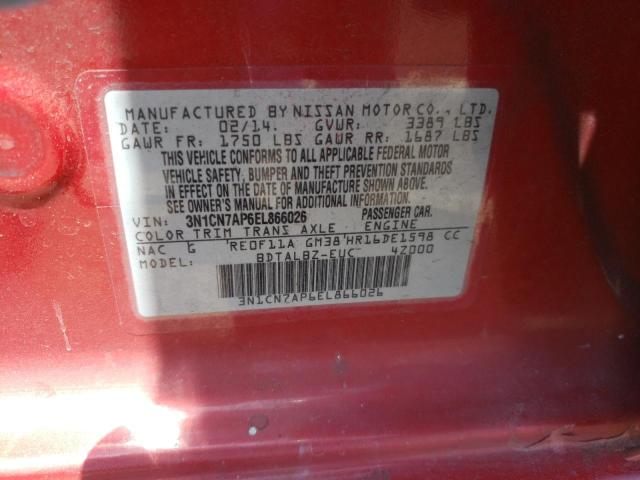 Photo 10 from auction – 2014 NISSAN VERSA S with VIN 3N1CN7AP6EL866026
