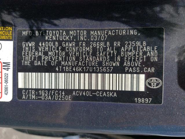 Photo 10 from auction – 2007 TOYOTA CAMRY CE with VIN 4T1BE46K17U135657