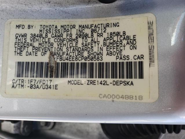 Photo 10 from auction – 2012 TOYOTA COROLLA BA with VIN 5YFBU4EE8CP050583
