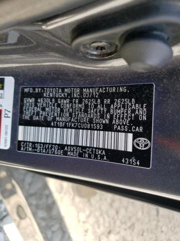 Photo 10 from auction – 2012 TOYOTA CAMRY BASE with VIN 4T1BF1FK7CU081593