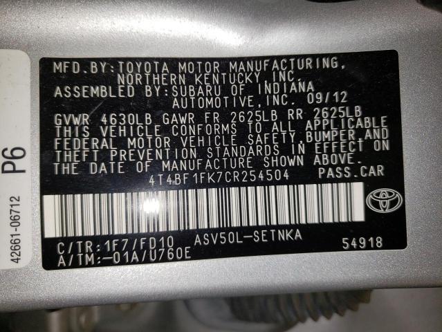 Photo 10 from auction – 2012 TOYOTA CAMRY BASE with VIN 4T4BF1FK7CR254504