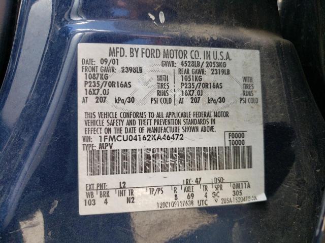 Photo 10 from auction – 2002 FORD ESCAPE XLT with VIN 1FMCU04162KA46472