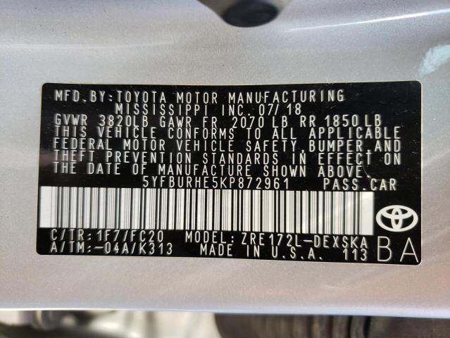 Photo 10 from auction – 2019 TOYOTA COROLLA L with VIN 5YFBURHE5KP872961