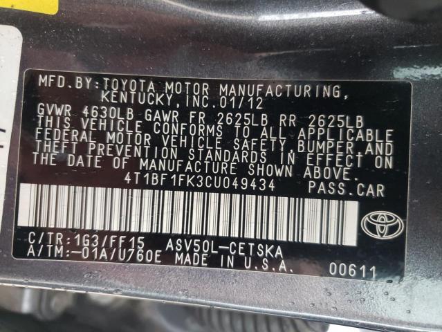 Photo 10 from auction – 2012 TOYOTA CAMRY BASE with VIN 4T1BF1FK3CU049434