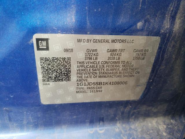 Photo 10 from auction – 2019 CHEVROLET SONIC LT with VIN 1G1JD5SB1K4108006