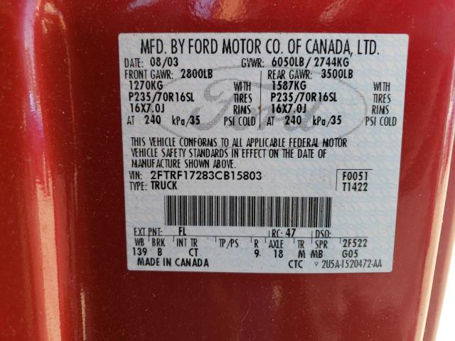 Photo 10 from auction – 2003 FORD F150 with VIN 2FTRF17283CB15803