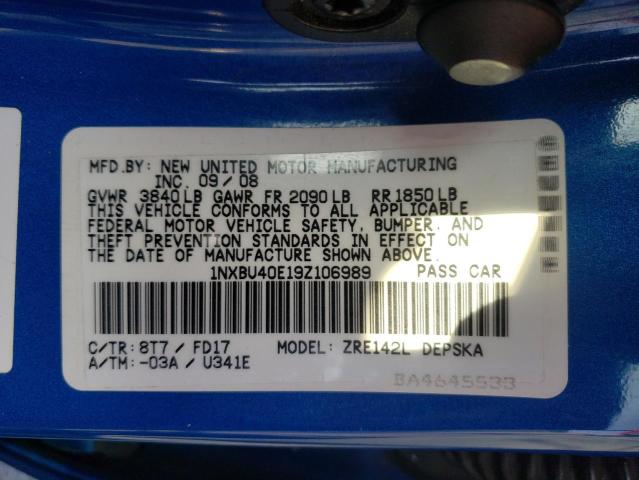 Photo 10 from auction – 2009 TOYOTA COROLLA BA with VIN 1NXBU40E19Z106989