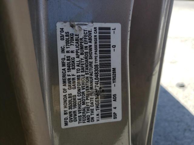 Photo 10 from auction – 2004 HONDA CIVIC LX with VIN 1HGEM22574L048308