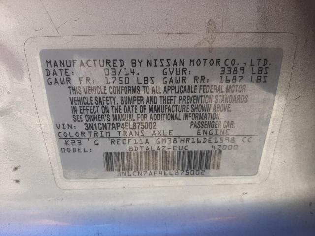 Photo 10 from auction – 2014 NISSAN VERSA S with VIN 3N1CN7AP4EL875002