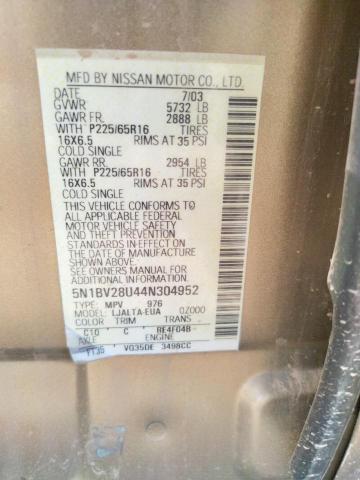 Photo 10 from auction – 2004 NISSAN QUEST S with VIN 5N1BV28U44N304952