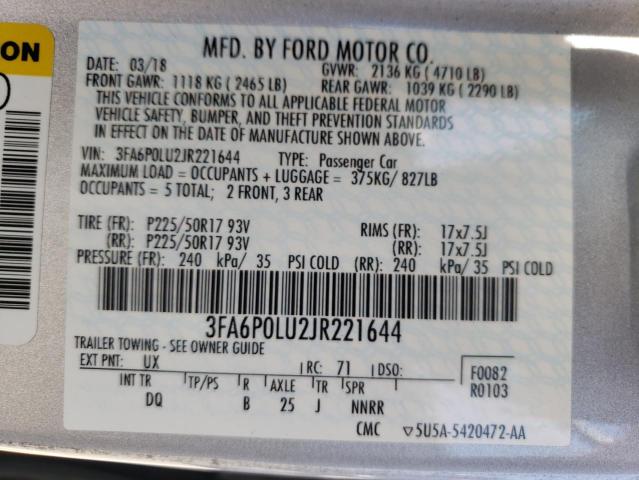 Photo 10 from auction – 2018 FORD FUSION SE with VIN 3FA6P0LU2JR221644