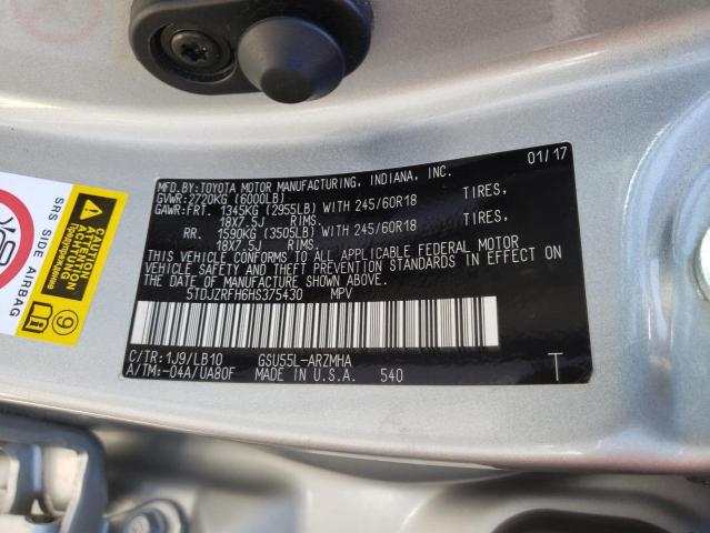 Photo 10 from auction – 2017 TOYOTA HIGHLANDER with VIN 5TDJZRFH6HS375430