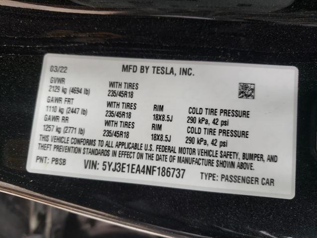 Photo 10 from auction – 2022 TESLA MODEL 3 with VIN 5YJ3E1EA4NF186737