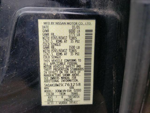 Photo 10 from auction – 2005 NISSAN PATHFINDER with VIN 5N1AR18W25C763258