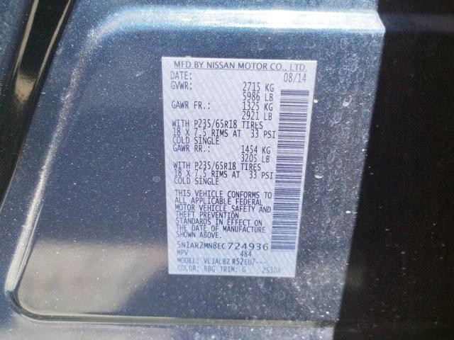 Foto 10 de la subasta – 2014 NISSAN PATHFINDER con VIN 5N1AR2MN8EC724936