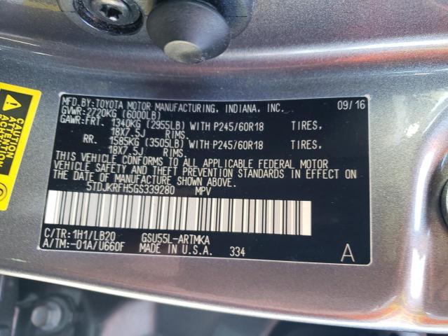 Photo 10 from auction – 2016 TOYOTA HIGHLANDER with VIN 5TDJKRFH5GS339280
