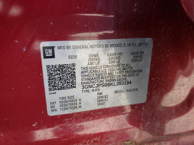 Photo 10 from auction – 2019 CHEVROLET TRAX 1LT with VIN 3GNCJPSB6KL283194