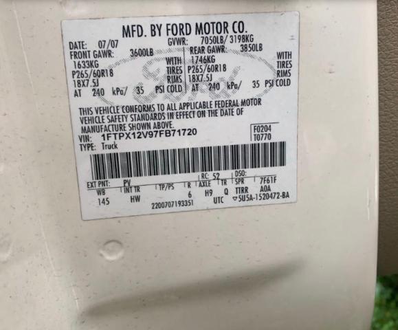 Photo 10 from auction – 2007 FORD F150 with VIN 1FTPX12V97FB71720