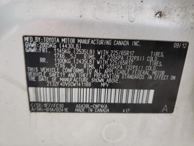 Photo 10 from auction – 2012 TOYOTA RAV4 with VIN 2T3ZF4DV8CW141188
