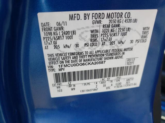 Photo 10 from auction – 2012 FORD ESCAPE XLT with VIN 1FMCU0DG6CKA20587