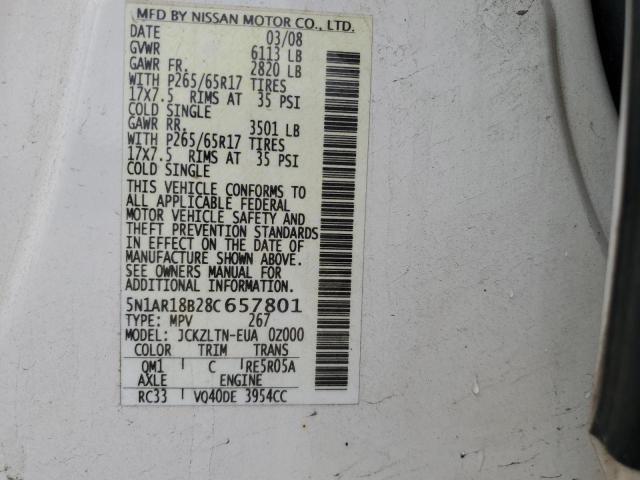 Photo 10 from auction – 2008 NISSAN PATHFINDER with VIN 5N1AR18B28C657801