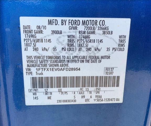 Photo 10 from auction – 2010 FORD F150 SUPER with VIN 1FTFX1EV0AFD28954