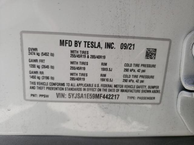Photo 10 from auction – 2021 TESLA MODEL S with VIN 5YJSA1E59MF442217