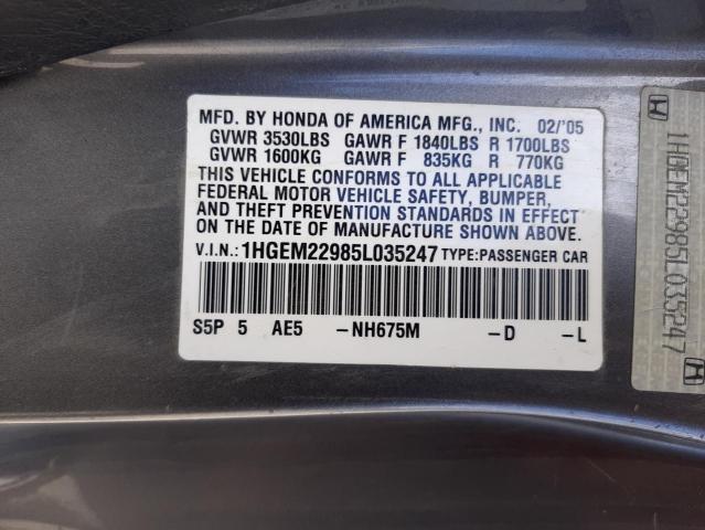 Photo 10 from auction – 2005 HONDA CIVIC EX with VIN 1HGEM22985L035247