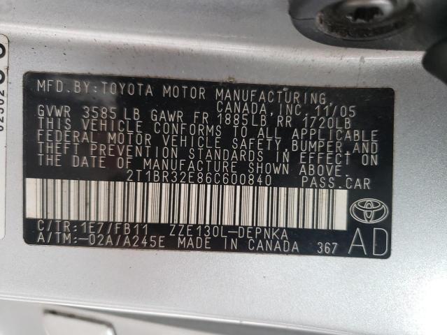 Photo 10 from auction – 2006 TOYOTA COROLLA CE with VIN 2T1BR32E86C600840