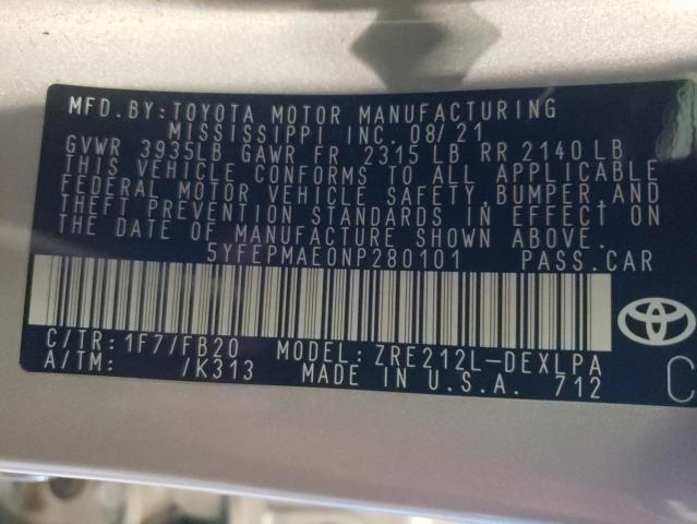 Photo 10 from auction – 2022 TOYOTA COROLLA LE with VIN 5YFEPMAE0NP280101