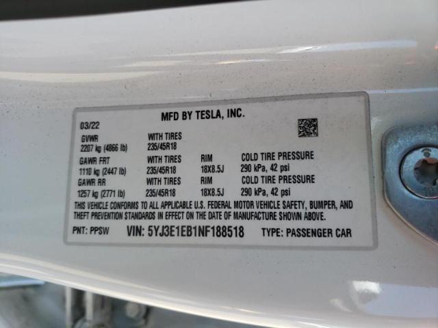 Photo 10 from auction – 2022 TESLA MODEL 3 with VIN 5YJ3E1EB1NF188518