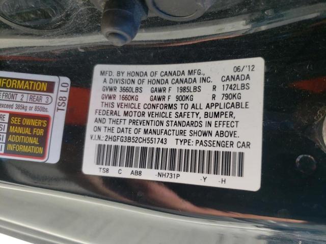 Photo 10 from auction – 2012 HONDA CIVIC LX with VIN 2HGFG3B52CH551743