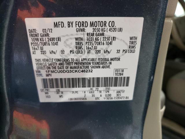 Photo 10 from auction – 2012 FORD ESCAPE XLT with VIN 1FMCU0DG3CKC46232
