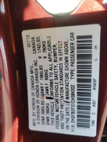 Photo 10 from auction – 2012 HONDA CIVIC LX with VIN 2HGFB2F51CH584302