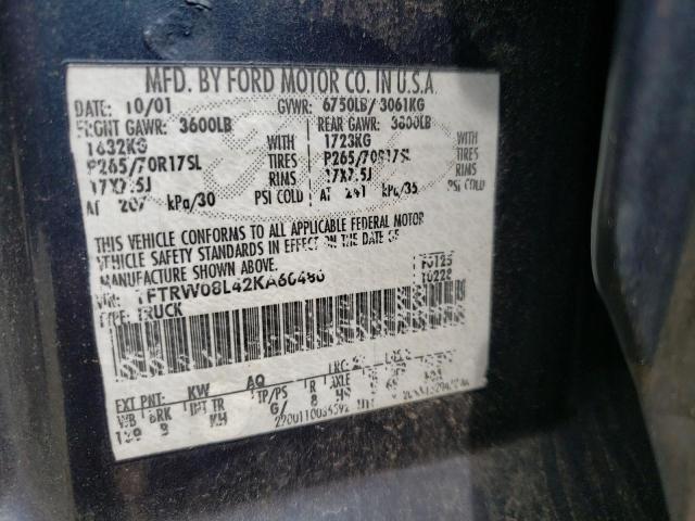 Photo 10 from auction – 2002 FORD F150 SUPER with VIN 1FTRW08L42KA60486