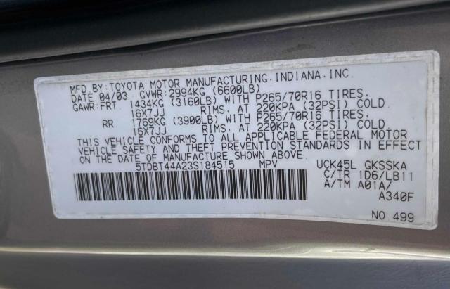 Photo 10 from auction – 2003 TOYOTA SEQUOIA SR with VIN 5TDBT44A23S184515