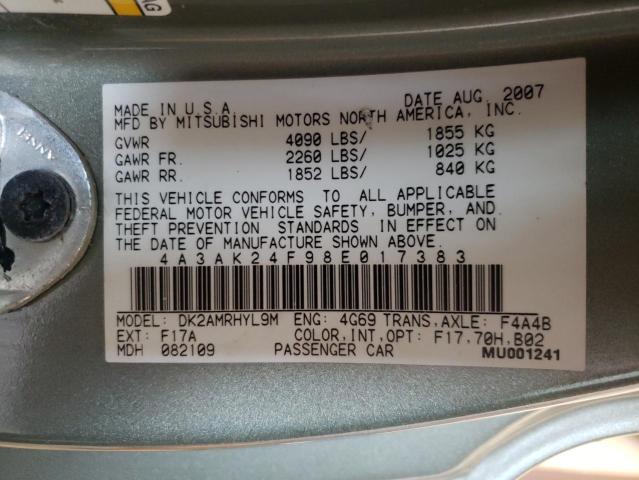 Photo 10 from auction – 2008 MITSUBISHI ECLIPSE GS with VIN 4A3AK24F98E017383