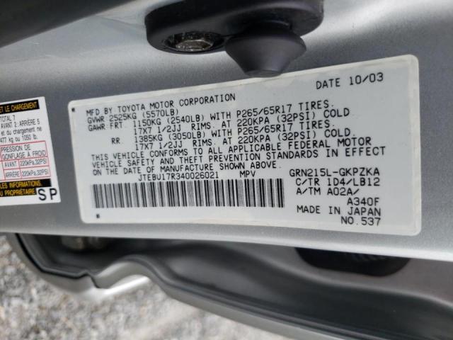 Photo 10 from auction – 2004 TOYOTA 4RUNNER LI with VIN JTEBU17R340026021