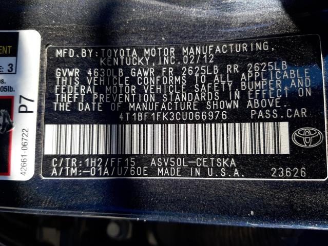 Photo 10 from auction – 2012 TOYOTA CAMRY BASE with VIN 4T1BF1FK3CU066976