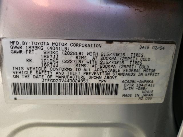 Photo 10 from auction – 2004 TOYOTA RAV4 with VIN JTEGD20V440024359