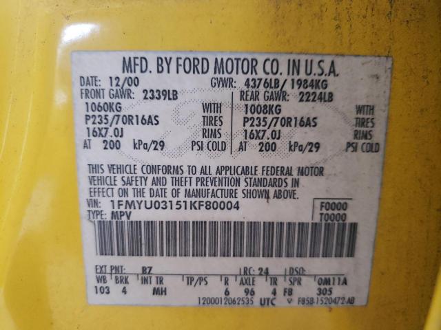 Photo 10 from auction – 2001 FORD ESCAPE XLT with VIN 1FMYU03151KF80004