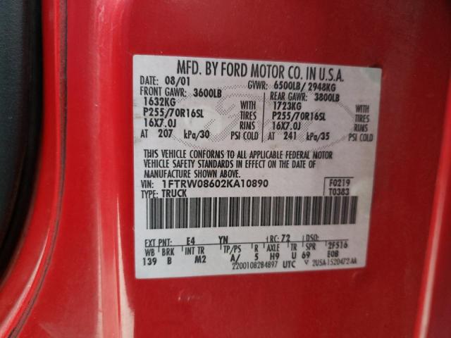 Photo 10 from auction – 2002 FORD F150 SUPER with VIN 1FTRW08602KA10890